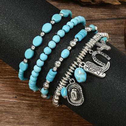 Sjika - Boho Armbandenset Dames – 4 Delige Armbanden met Turquoise Kralen & Bedels – Stretch Armband Set – Bohemian Sieraden - Voor Haar