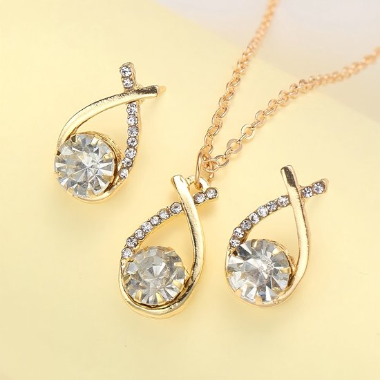 Sjika - Goudkleurige Sieraden Set Dames – Ketting & Oorbellen met Kristal Steen – Elegante Strass Sieraden Set – Luxe Cadeauset voor Haar