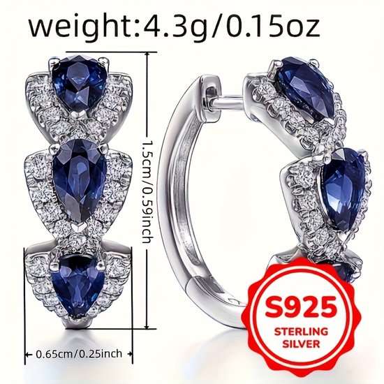Sjika - S925 Sterling Zilveren Oorringen met Blauwe Steen – Luxe Kristal Oorbellen – Dames - Cadeau