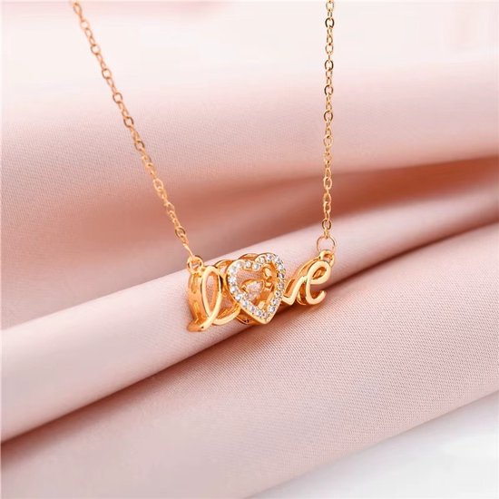 Sjika - Love Ketting Dames Goudkleurig – Hartjes Ketting met Strass Steentjes – Elegante Liefde Ketting – Trendy Dames Sieraden - Cadeau voor haar