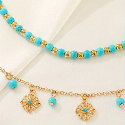 Sjika - Dubbele Enkelband Dames – Turquoise Kralen & Zilveren Bedels – Boho Enkelbandje Verstelbaar – Zomer Strand Sieraad - Cadeau voor haar