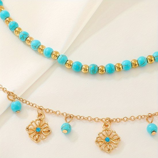 Sjika - Dubbele Enkelband Dames – Turquoise Kralen & Zilveren Bedels – Boho Enkelbandje Verstelbaar – Zomer Strand Sieraad - Cadeau voor haar