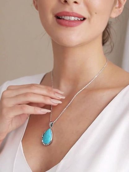 Sjika - Zilveren Ketting Dames met Turquoise Hanger – Druppelvorm Natuursteen Look – Boho Ketting – Sieraad Cadeau
